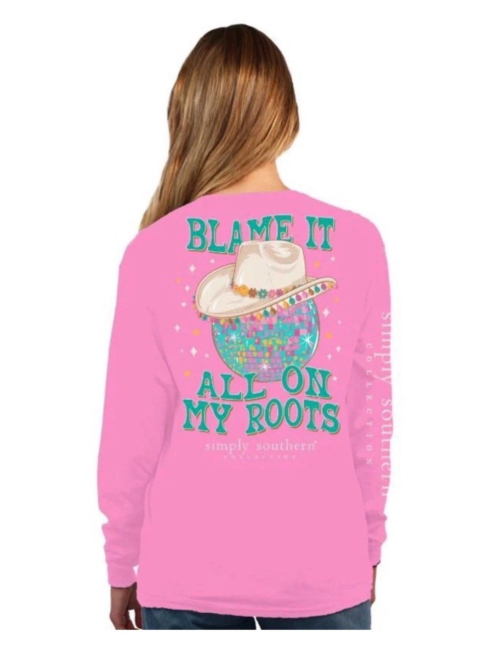 NWT Simply Southern Pink 'Blame It All On My Roots' Graphic Long Sleeve Sz Large